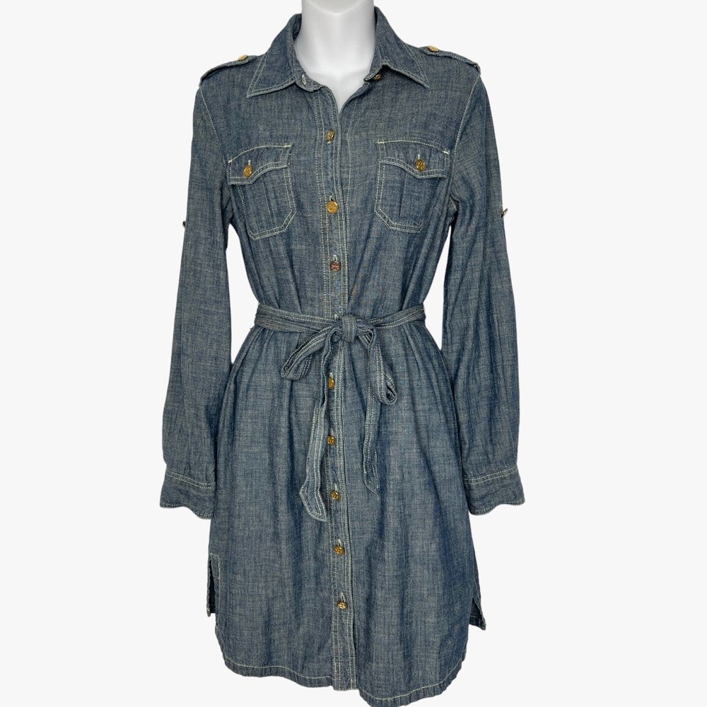 Tory Burch Blue Denim Shirt Dress with Tie Waist